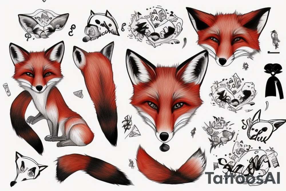 Red fox with a big tail and cute eyes tattoo idea