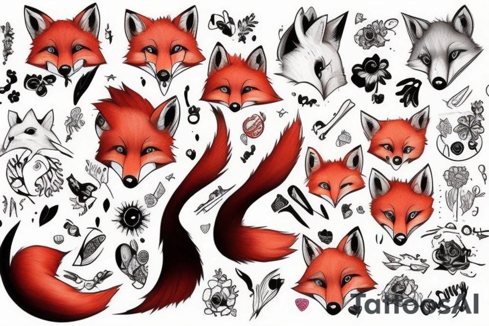 Red fox with a big tail and cute eyes tattoo idea