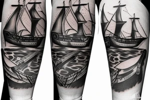 black, maybe with a little blue, quarter sleeve tattoo with a pirate ship theme tattoo idea