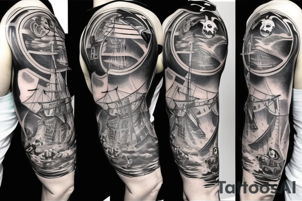 black, maybe with a little blue, quarter sleeve tattoo with a pirate ship theme tattoo idea