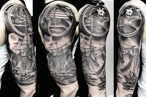 black, maybe with a little blue, quarter sleeve tattoo with a pirate ship theme tattoo idea