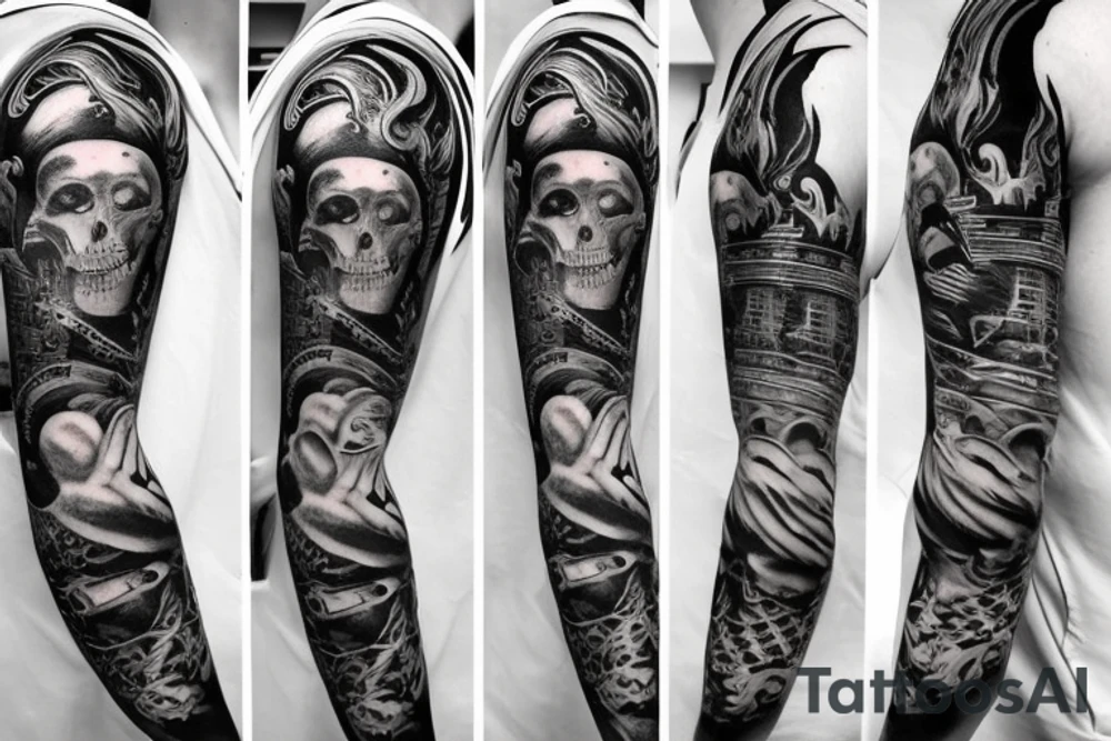 quarter sleeve, predominantly black and white, but with some blue highlights.  Pirate ship, mermaid, full moon, mysterious tattoo idea