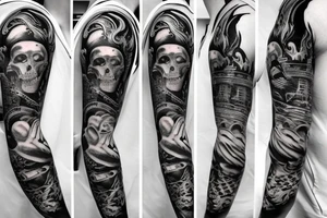 quarter sleeve, predominantly black and white, but with some blue highlights.  Pirate ship, mermaid, full moon, mysterious tattoo idea