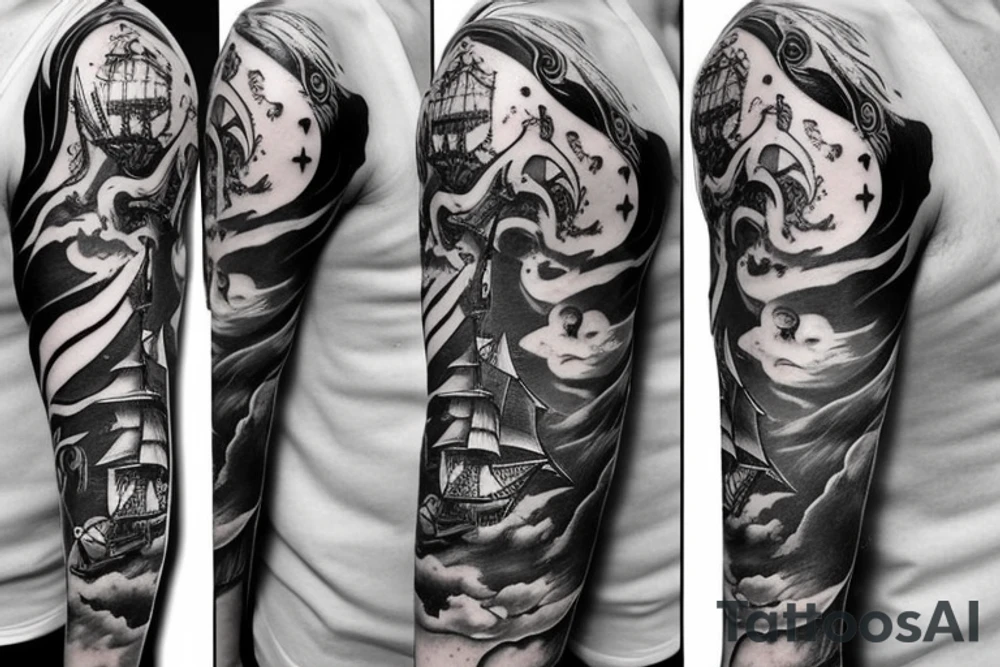 quarter sleeve, predominantly black and white, but with some blue highlights.  Pirate ship, mermaid, full moon, mysterious tattoo idea
