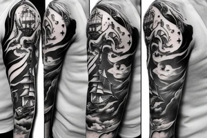 quarter sleeve, predominantly black and white, but with some blue highlights.  Pirate ship, mermaid, full moon, mysterious tattoo idea