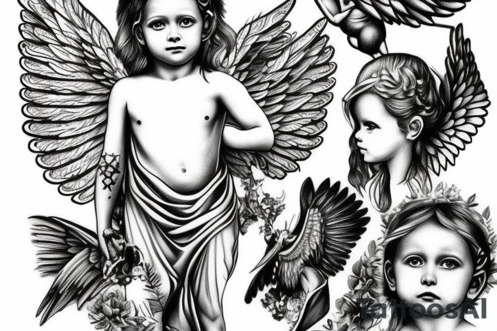 A gaurdian angel looking over 5 children tattoo idea