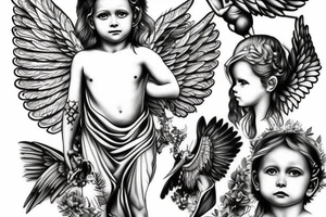 A gaurdian angel looking over 5 children tattoo idea