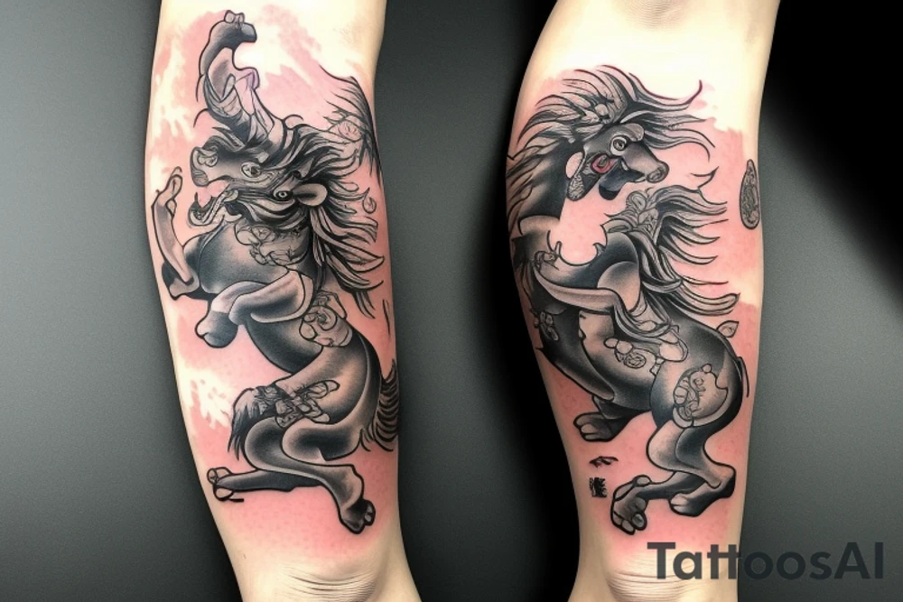 Foo dog leg sleeve with chinese zodiac horse. design needs to have meaning features tattoo idea