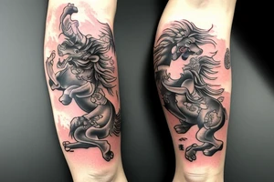 Foo dog leg sleeve with chinese zodiac horse. design needs to have meaning features tattoo idea