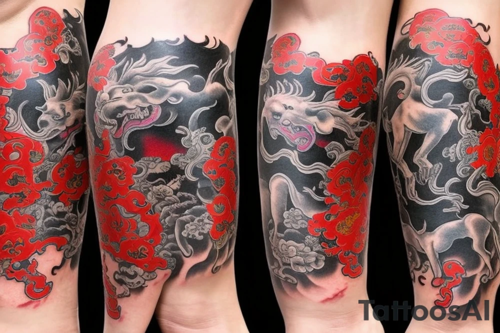 Foo dog leg sleeve with chinese zodiac horse. design needs to have meaning features tattoo idea