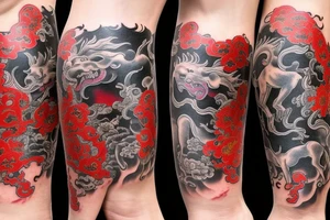 Foo dog leg sleeve with chinese zodiac horse. design needs to have meaning features tattoo idea