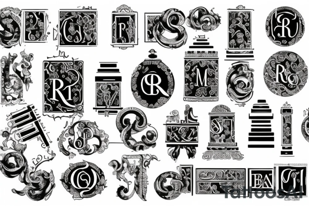 black and white ancient rome a lot of monograms tattoo idea