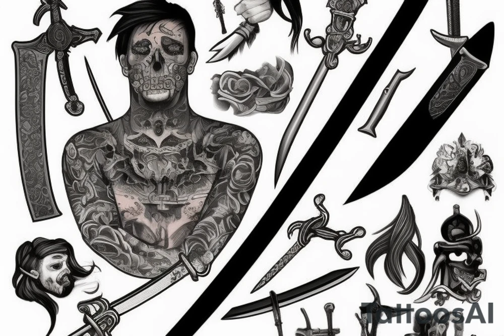 a sword tattoo in the style of mr. k from bang bang tattoo nyc tattoo idea