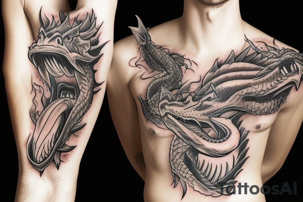 Realistic dragon head with open mouth spewing flames tattoo idea