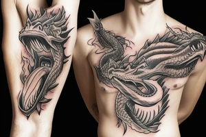 Realistic dragon head with open mouth spewing flames tattoo idea