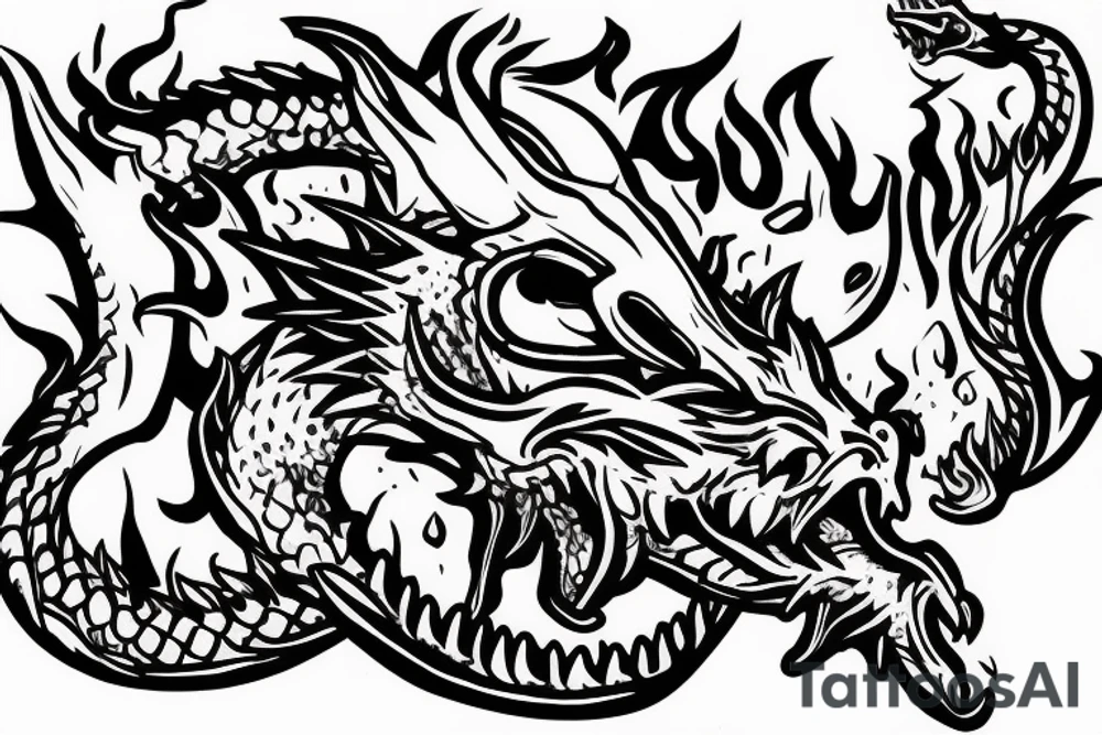 Realistic dragon head with open mouth spewing flames tattoo idea