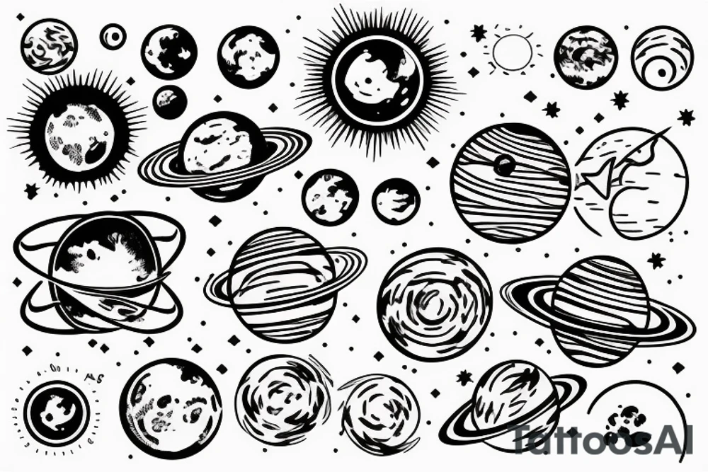 solar system with line tattoo idea