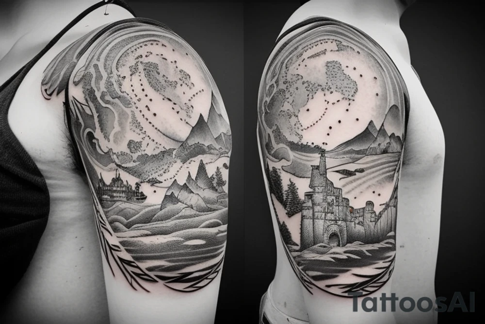 The world is divided into two parts horizontally. The upper part depicts a land world with castles and trees. When the lower part represents the sea part, with ships and waves. Also, all divided into three parts, which shows the time frame. Past, present and future tattoo idea