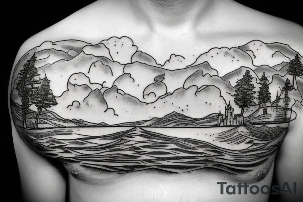 The world is divided into two parts horizontally. The upper part depicts a land world with castles and trees. When the lower part represents the sea part, with ships and waves. Also, all divided into three parts, which shows the time frame. Past, present and future tattoo idea