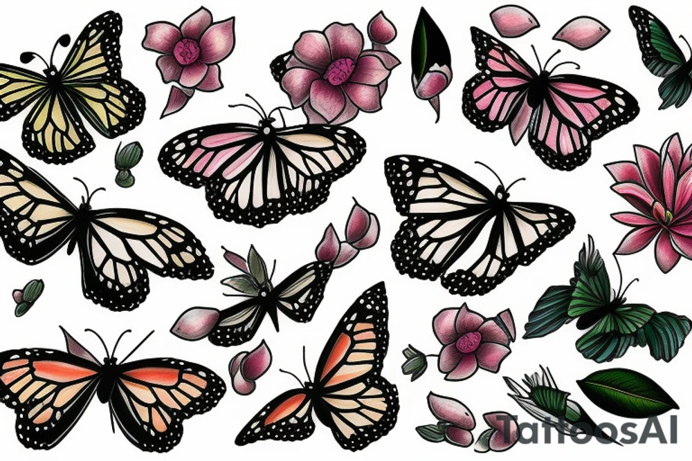Monarch flying over magnolia blossoms tattoo idea