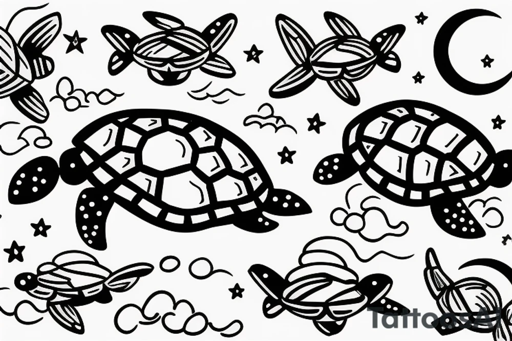 Turtle swimming with moon and constellation behind tattoo idea Turtle swimming with moon and constellation behind tattoo idea