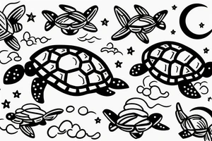 Turtle swimming with moon and constellation behind tattoo idea