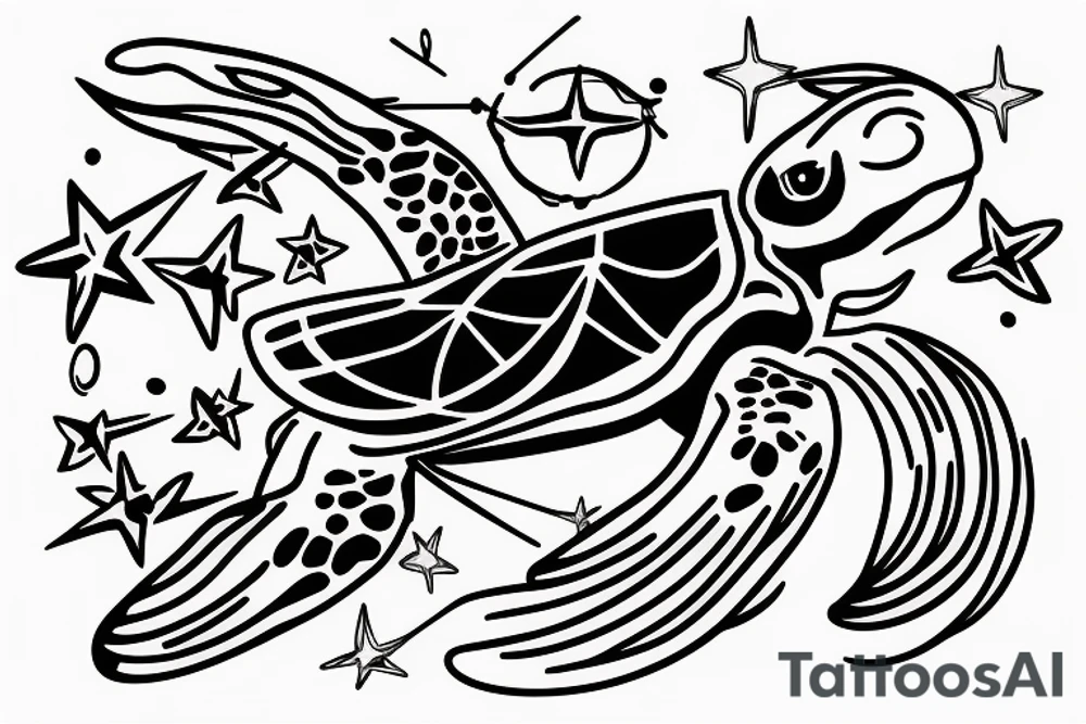 Turtle swimming with Sagittarius constellation behind tattoo idea