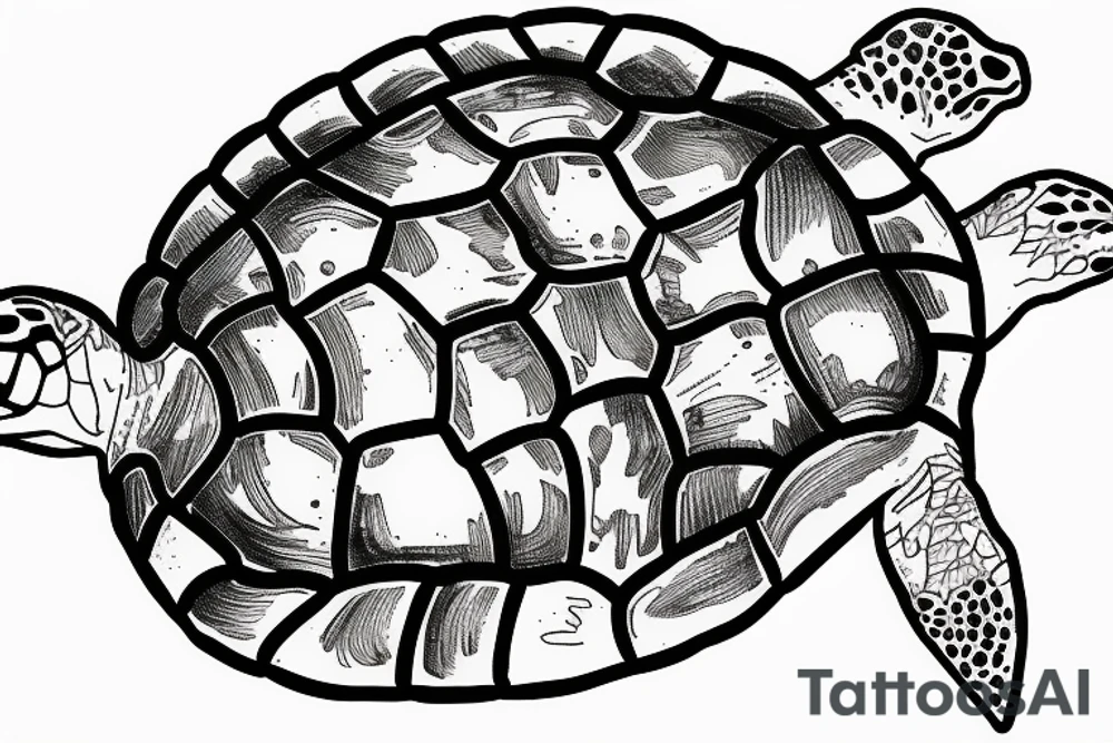 Fine line realistic Turtle swimming with Sagittarius constellation behind tattoo idea