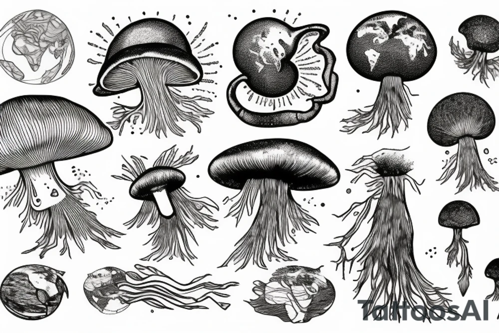 atomic mushroom wraps its roots around the planet earth tattoo idea