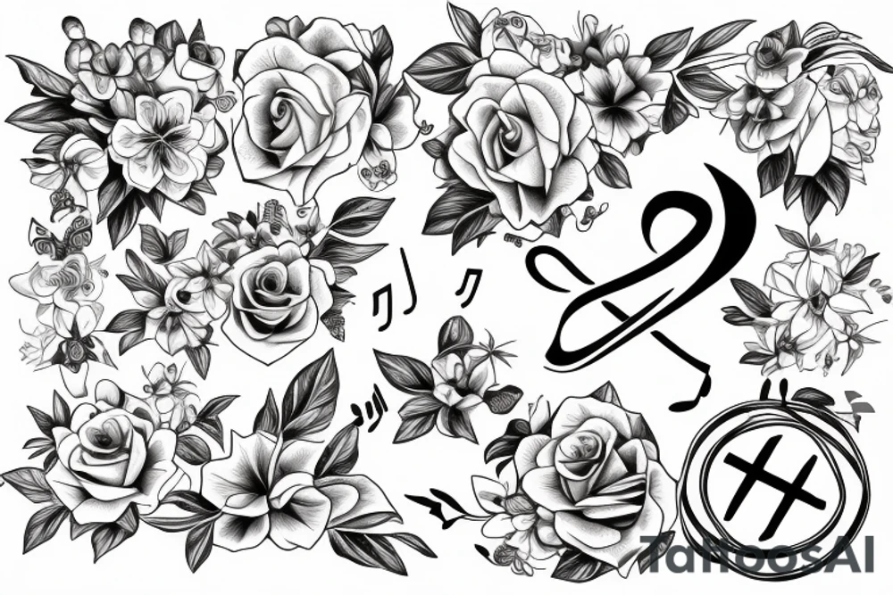 Cross, Christian tattoo for a woman, Beautiful, flowers, music notes, clean lines tattoo idea