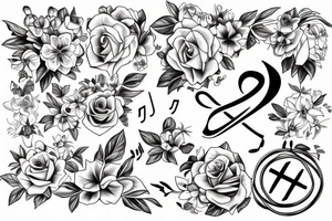 Cross, Christian tattoo for a woman, Beautiful, flowers, music notes, clean lines tattoo idea