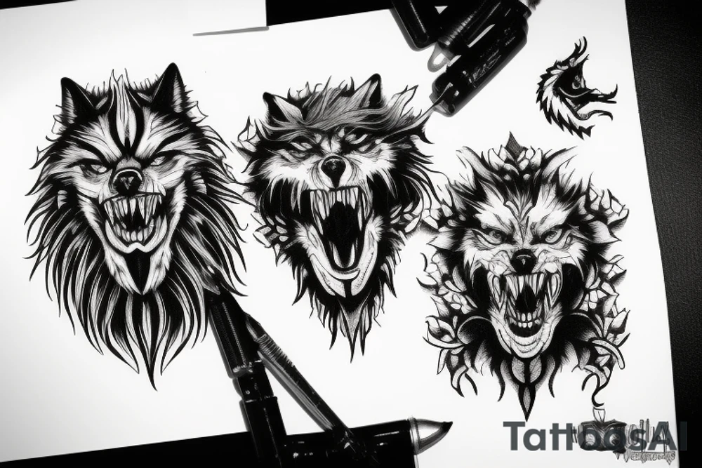 Hell hound wolf head snarling tattoo idea