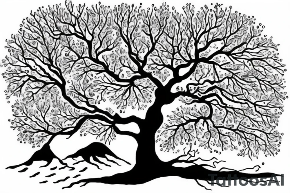 Oak tree near water stream tattoo idea