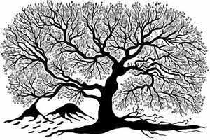 Oak tree near water stream tattoo idea