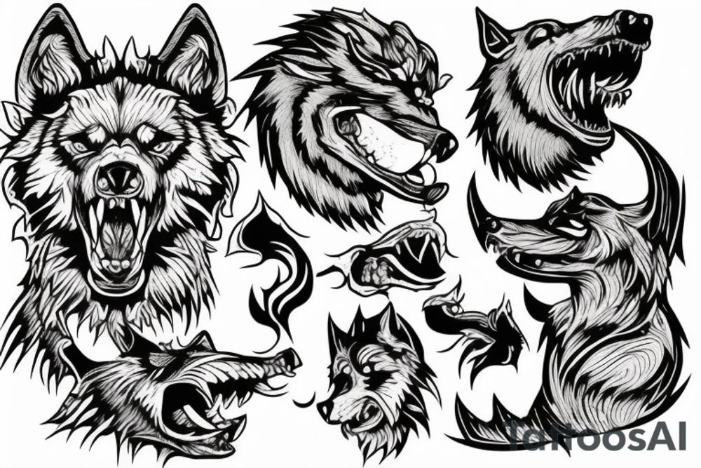 Hell hound wolf snarling climbing down tattoo idea