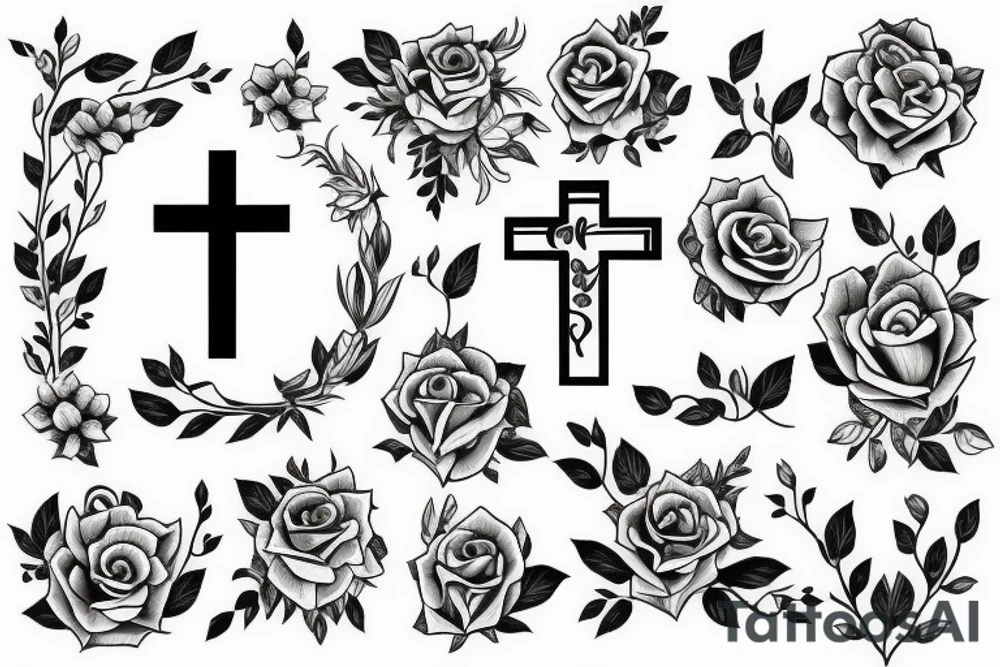 Christian Cross, Beautiful flowers, music notes, clean lines tattoo idea