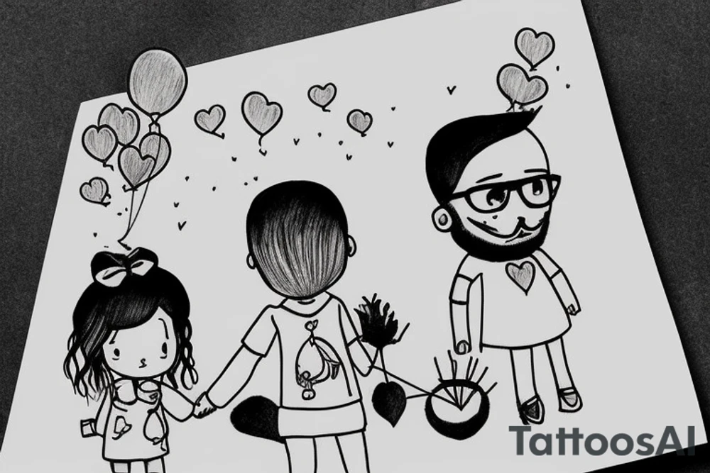father and daughter holding hands and daughter holding a balloon tattoo idea