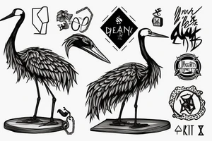 a crane perched on an anvil with a chain dangling from its beak tattoo idea