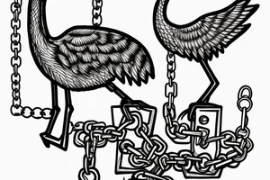 a crane perched on an anvil with a chain dangling from its mouth tattoo idea