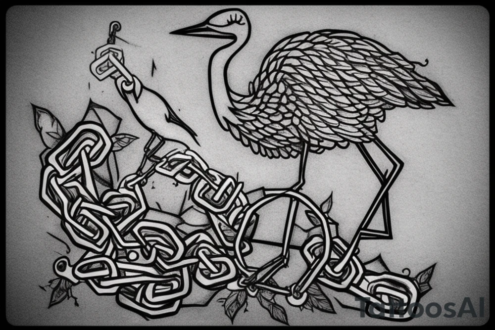 a crane perched on an anvil with a chain  in its mouth tattoo idea