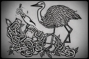 a crane perched on an anvil with a chain  in its mouth tattoo idea