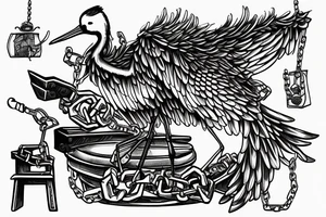 a crane perched on an anvil with a chain  in its mouth tattoo idea