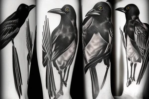 The tattoo is of a black bird, which resembles home. The birds scientific name is corvus corax. It resembles home to me because my familys farm is named after this bird tattoo idea