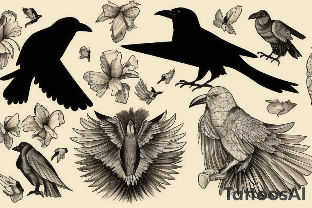 The tattoo is of one black bird, a raven. The bird resembles home. Id like the tattoo to be on my chest. Perhaps the tattoo has the birds name under the bird. The birds scientific name is corvus corax. It resembles home to me because my familys farm is named after this bird tattoo idea