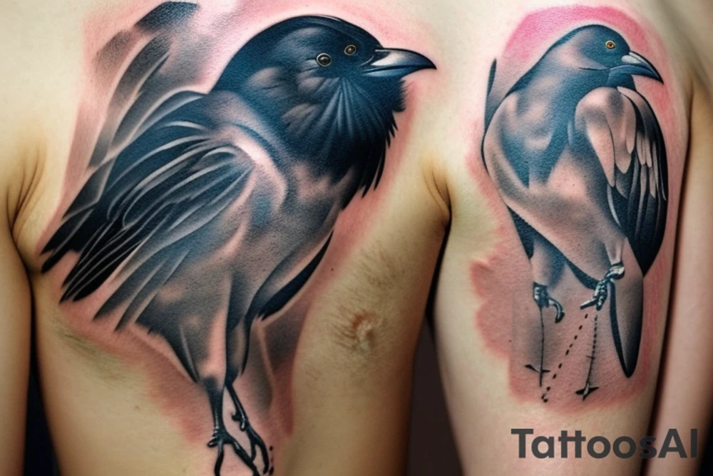 The tattoo is of one black bird, a raven. The bird resembles home. Id like the tattoo to be on my chest. Perhaps the tattoo has the birds name under the bird. The birds scientific name is corvus corax. It resembles home to me because my familys farm is named after this bird tattoo idea