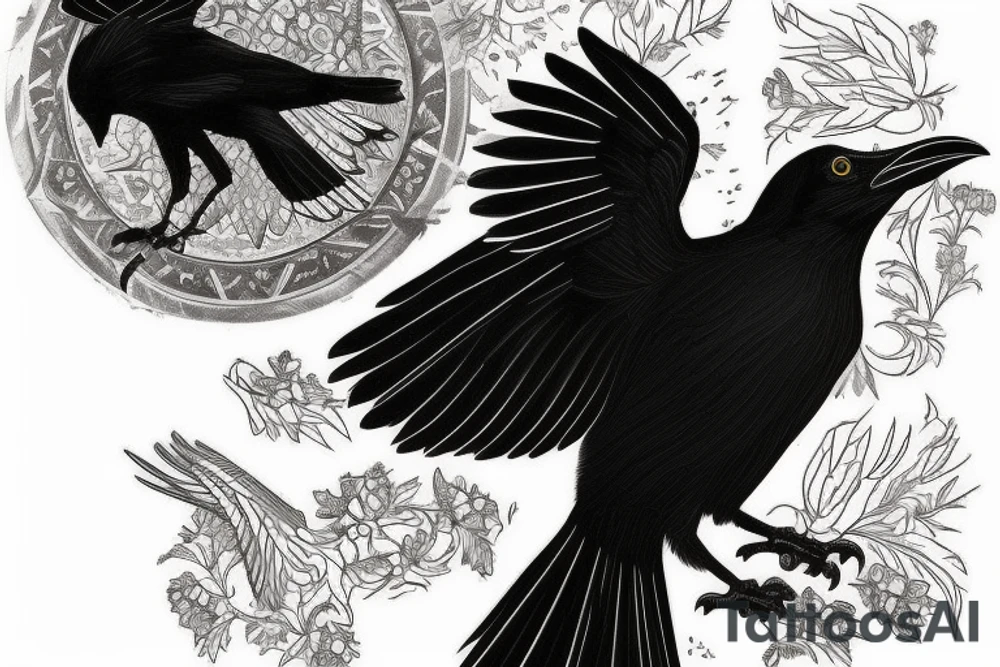 The tattoo is of one black bird, a raven. The bird resembles home. Id like the tattoo to be on my chest. Perhaps the tattoo has the birds name under the bird. The birds scientific name is corvus corax. It resembles home to me because my familys farm is named after this bird tattoo idea