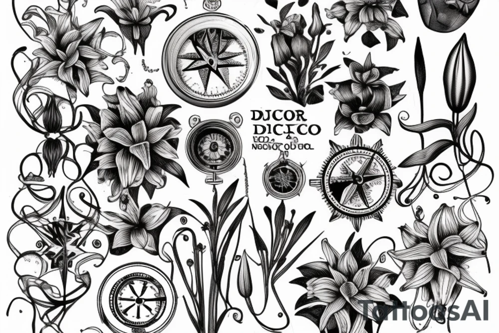 "non ducor, duco" in quotations in latin script surrounded by lilies and a compass tattoo idea