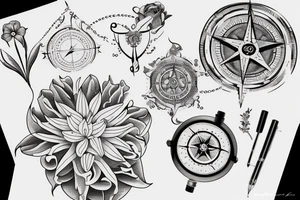 "non ducor, duco" in quotations in latin script surrounded by lilies and a compass tattoo idea