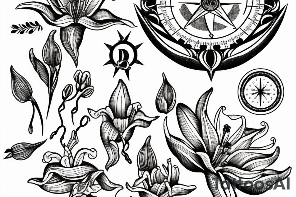 "non ducor, duco" in quotations in latin script surrounded by lilies and a compass tattoo idea