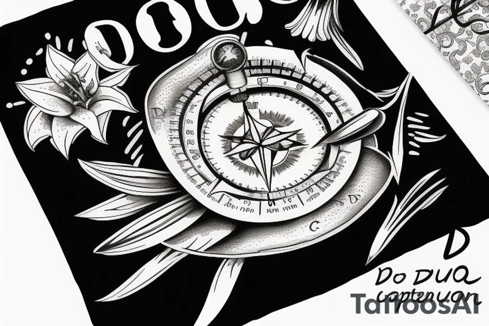 "non ducor, duco" in quotations in latin script surrounded by lilies and a compass tattoo idea